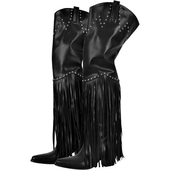 Women Black Synthetic Fringe Thigh High Tassels Wide Calf Over Knee Pointed Boot - Picture 1 of 5